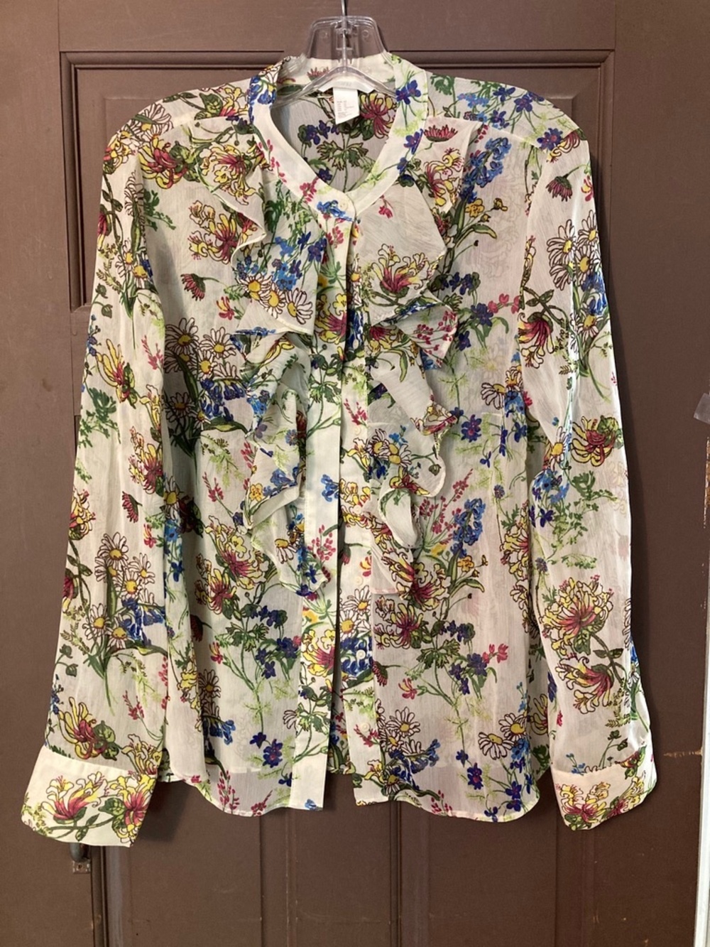 H&M Sheer Ruffled Blouse Floral sz US12 L/XL